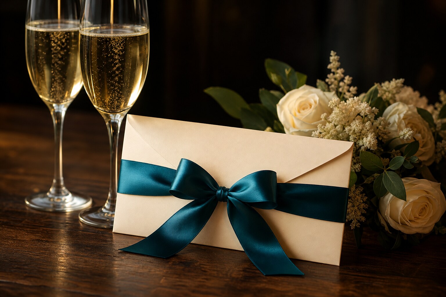 Geschenkumschlag mit Schleife, Sektgläsern und Rosen