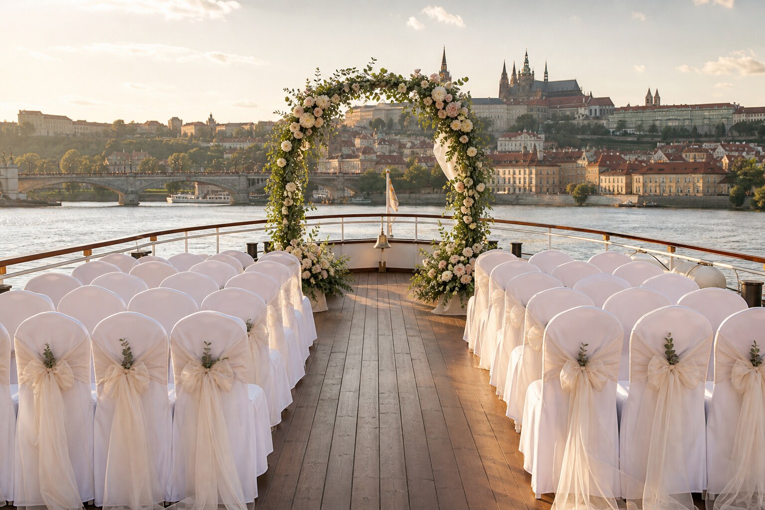 A wedding ceremony on the upper deck with Prague Castle in the background